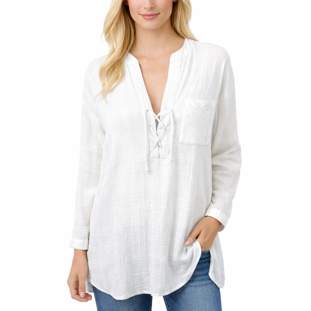 Southern Tide Marnee Textured Tunic Top White Lace Up Cover Up Beachy Size L
